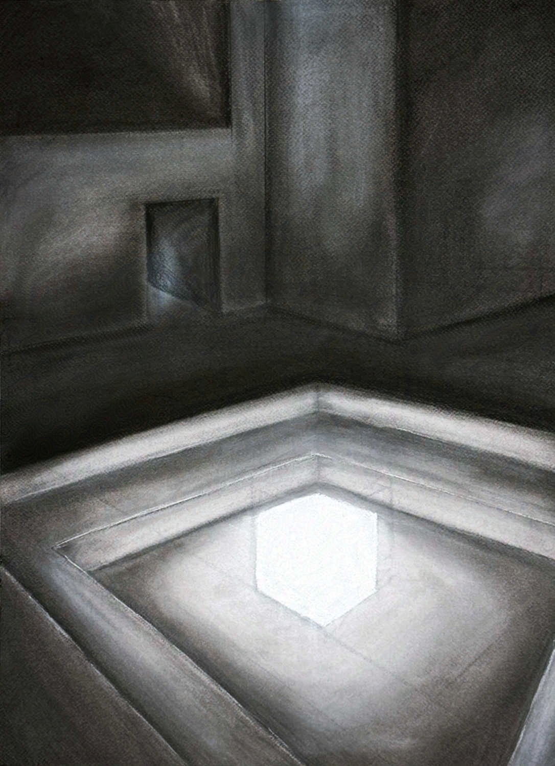Cube (2024). Charcoal and conte drawing. 24 × 18 inches. For Beginning Drawing.