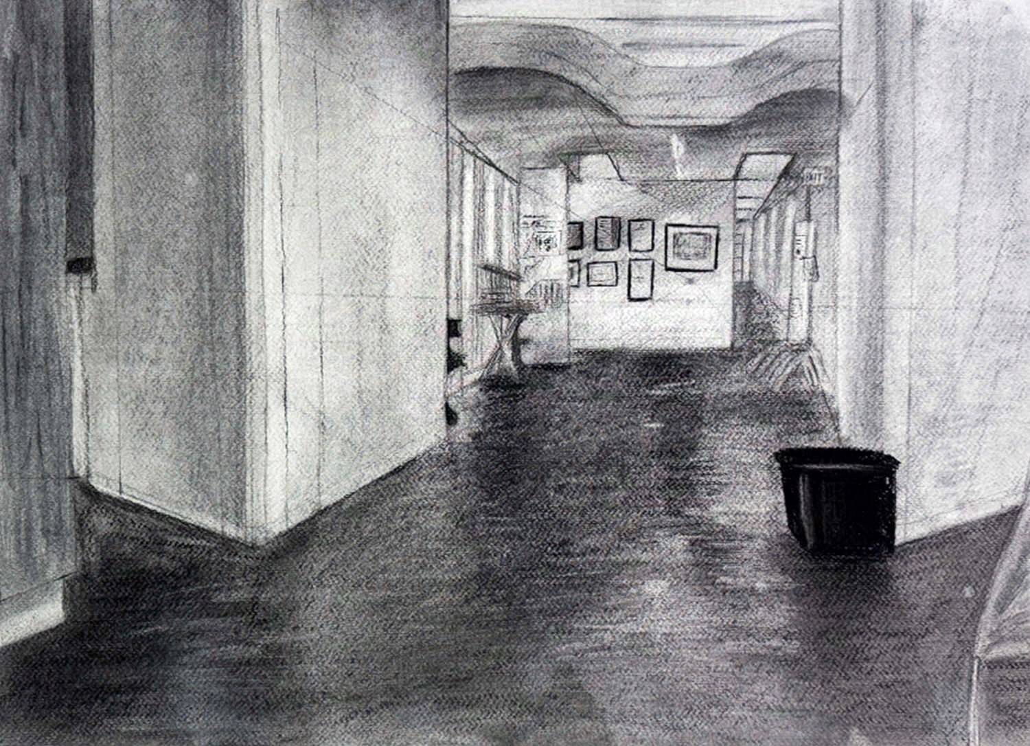 Hall (2024). Charcoal and conte drawing. 24 × 18 inches. For Beginning Drawing.