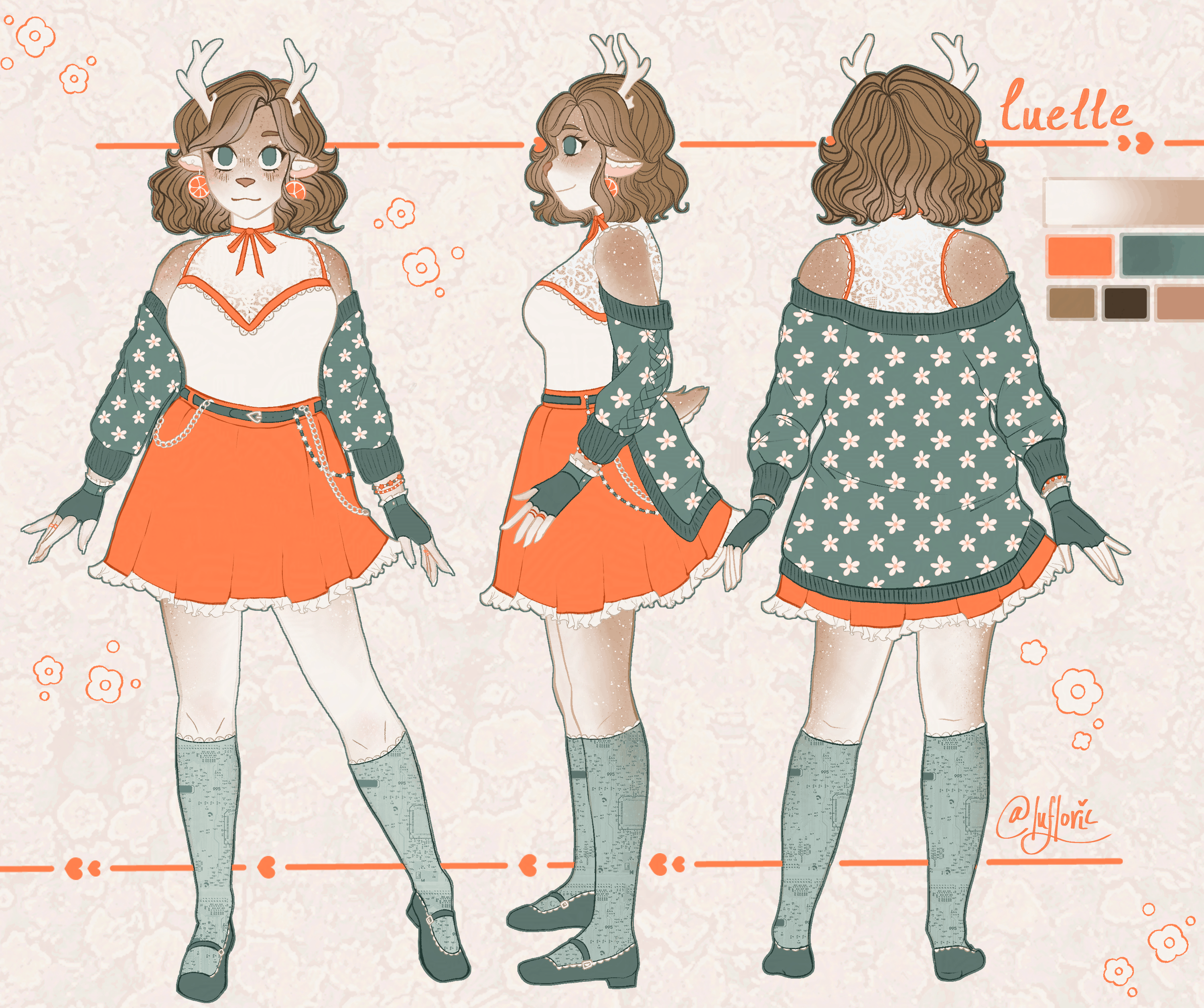 Luelle Character Sheet (2026). Digital illustration. 2988 × 2000 px, 96 DPI.