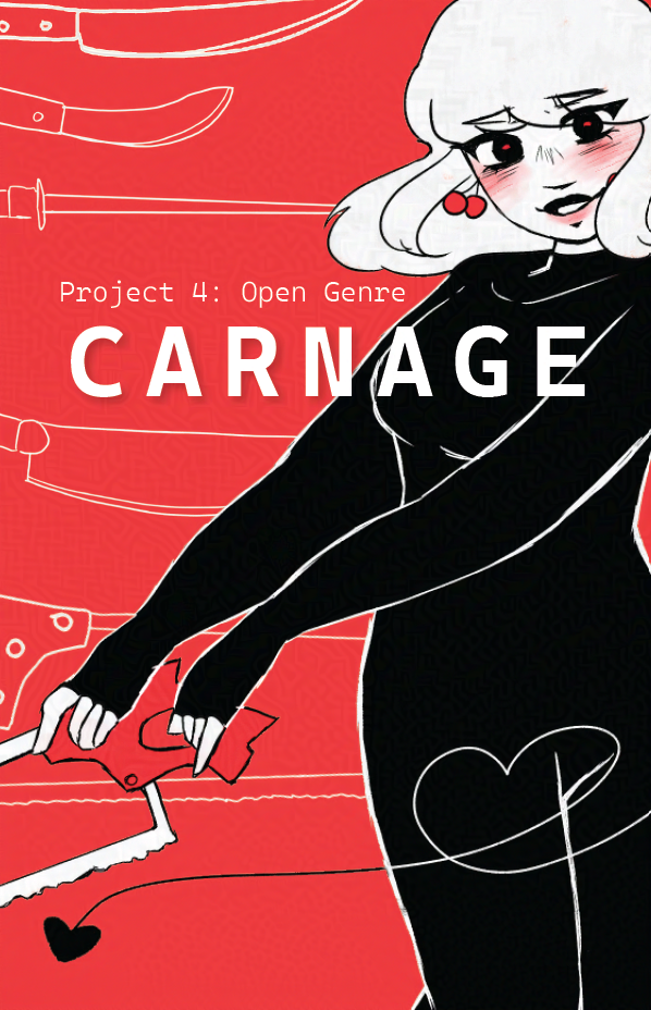 CARNAGE (2025). Zine cover created in InDesign to pair with Butcher Vanity (2025) with illustration created in Clip Studio Paint. Created for Intermediate New Media.