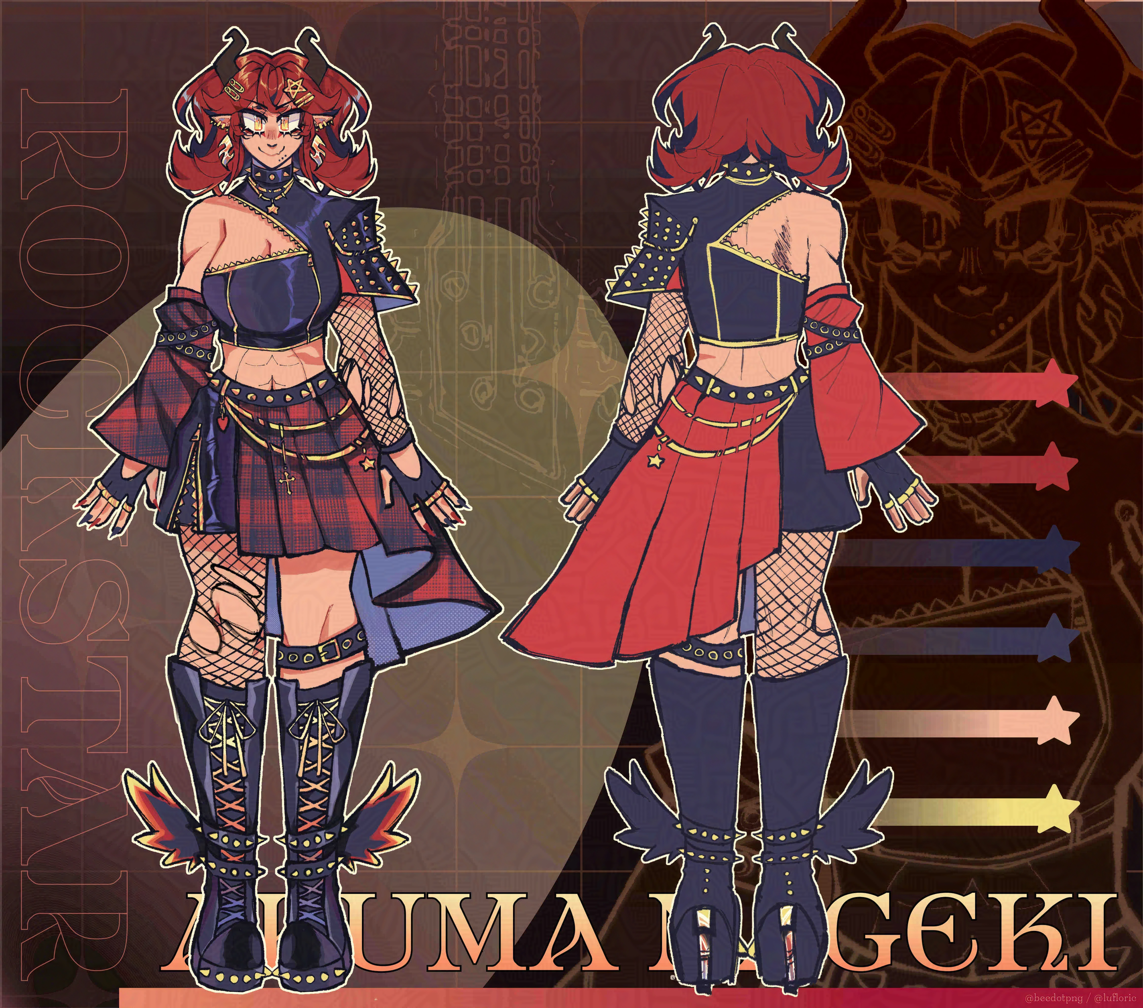VTuber Aki (2025). Character sheet created in Illustrator for @beedotpng on Twitter. Artwork by @beedotpng.